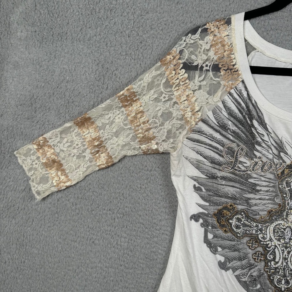 Y2K Angels & Diamonds Trust Top Sequin Lace Sleeve Rhinestone Cross Wings USA L - Picture 6 of 9